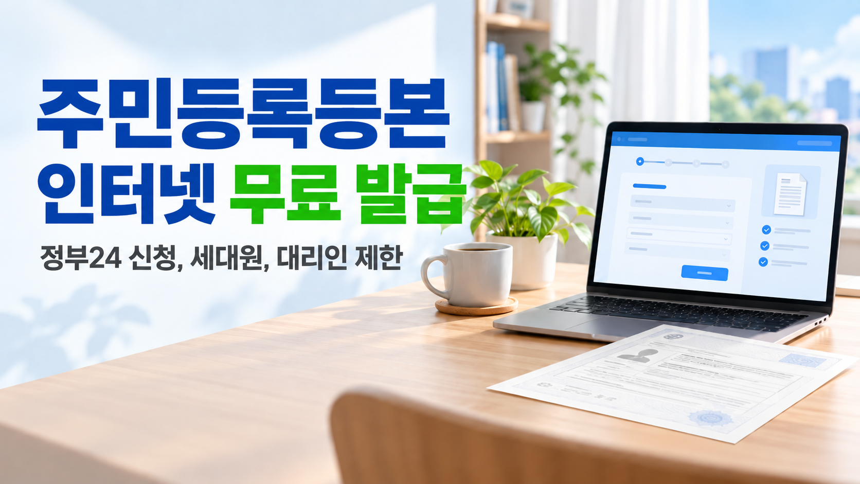주민등록등본 인터넷 무료 발급 안내 문구와 노트북 및 서류 이미지