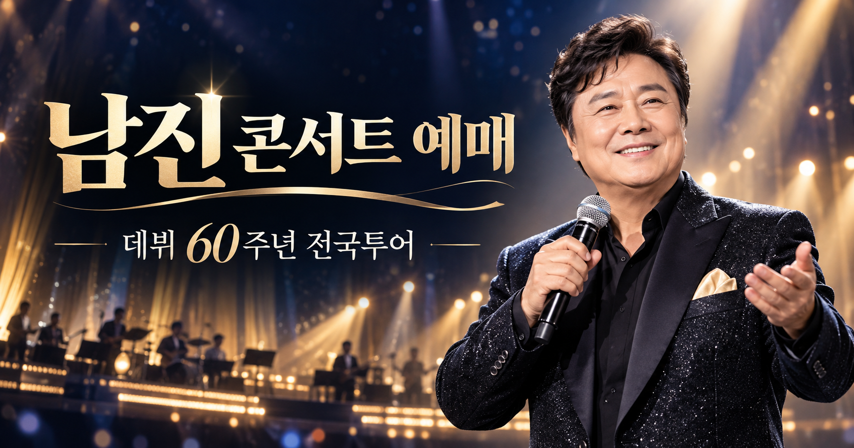 남진 콘서트 예매 안내 문구와 마이크를 든 남성 가수 이미지