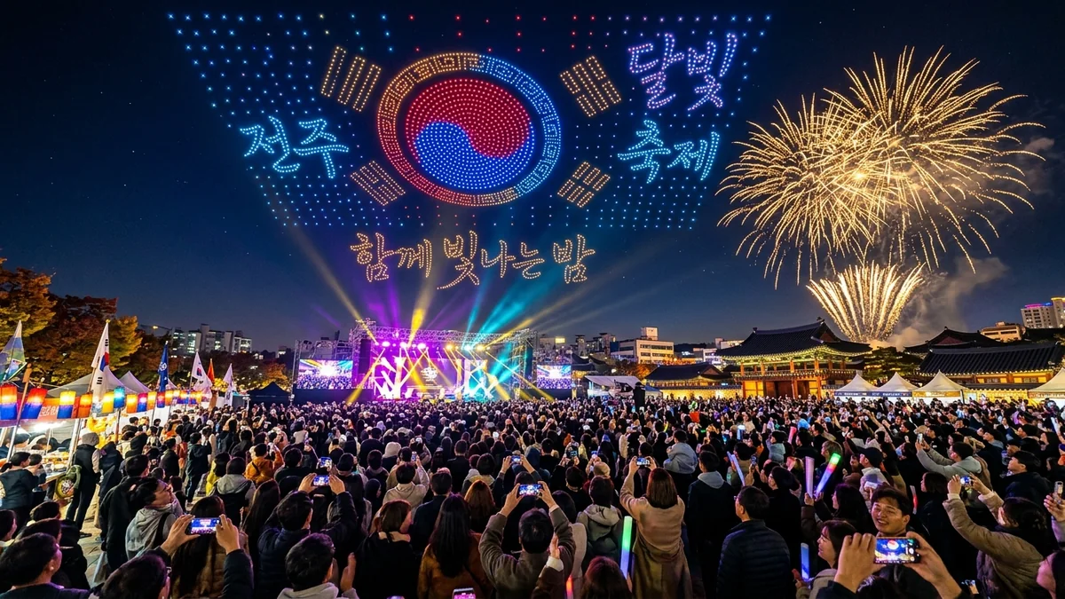 전주 밤하늘을 수놓는 드론라이트쇼와 불꽃 공연을 스마트폰으로 촬영하며 즐기는 축제 관람객들
