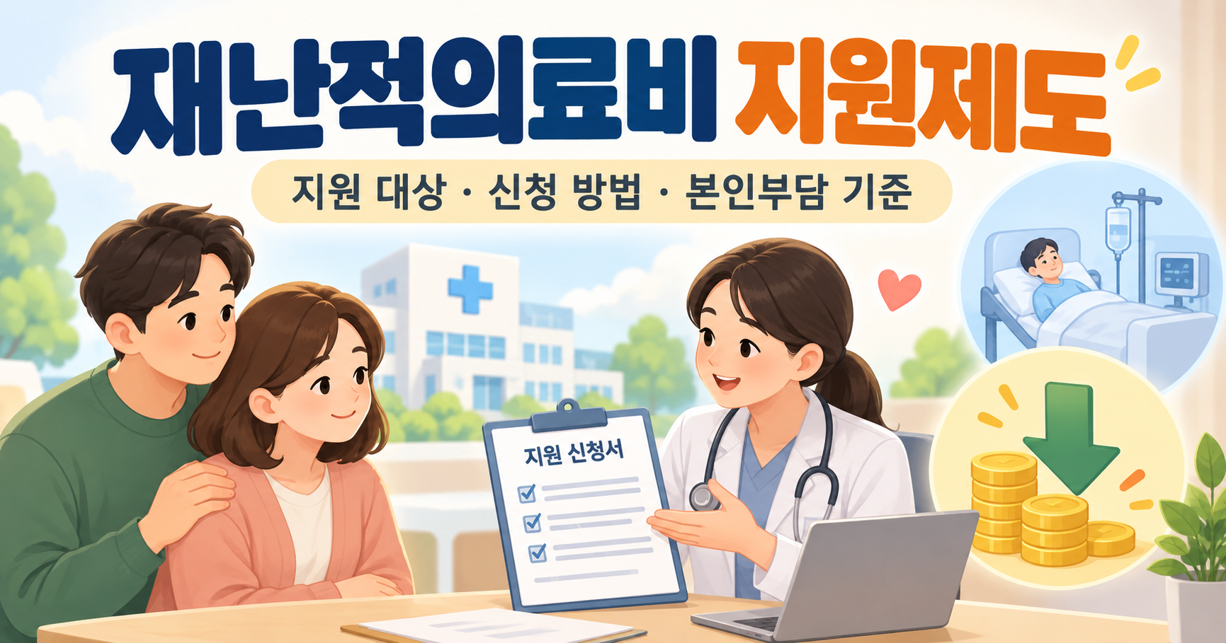 재난적의료비 지원제도 안내: 지원 대상, 신청 방법과 본인부담 기준을 설명하는 가족 및 의료진 일러스트