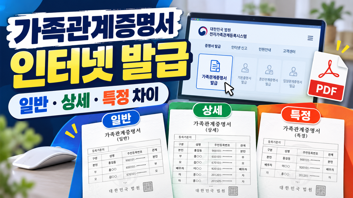 가족관계증명서 인터넷 발급과 일반 상세 특정 차이를 안내하는 이미지