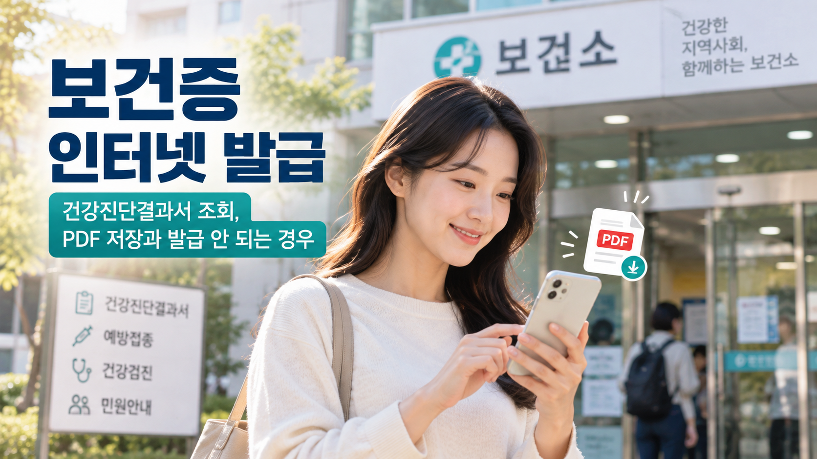 보건증 인터넷 발급 안내 문구와 보건소 앞에서 휴대전화를 보는 여성 이미지
