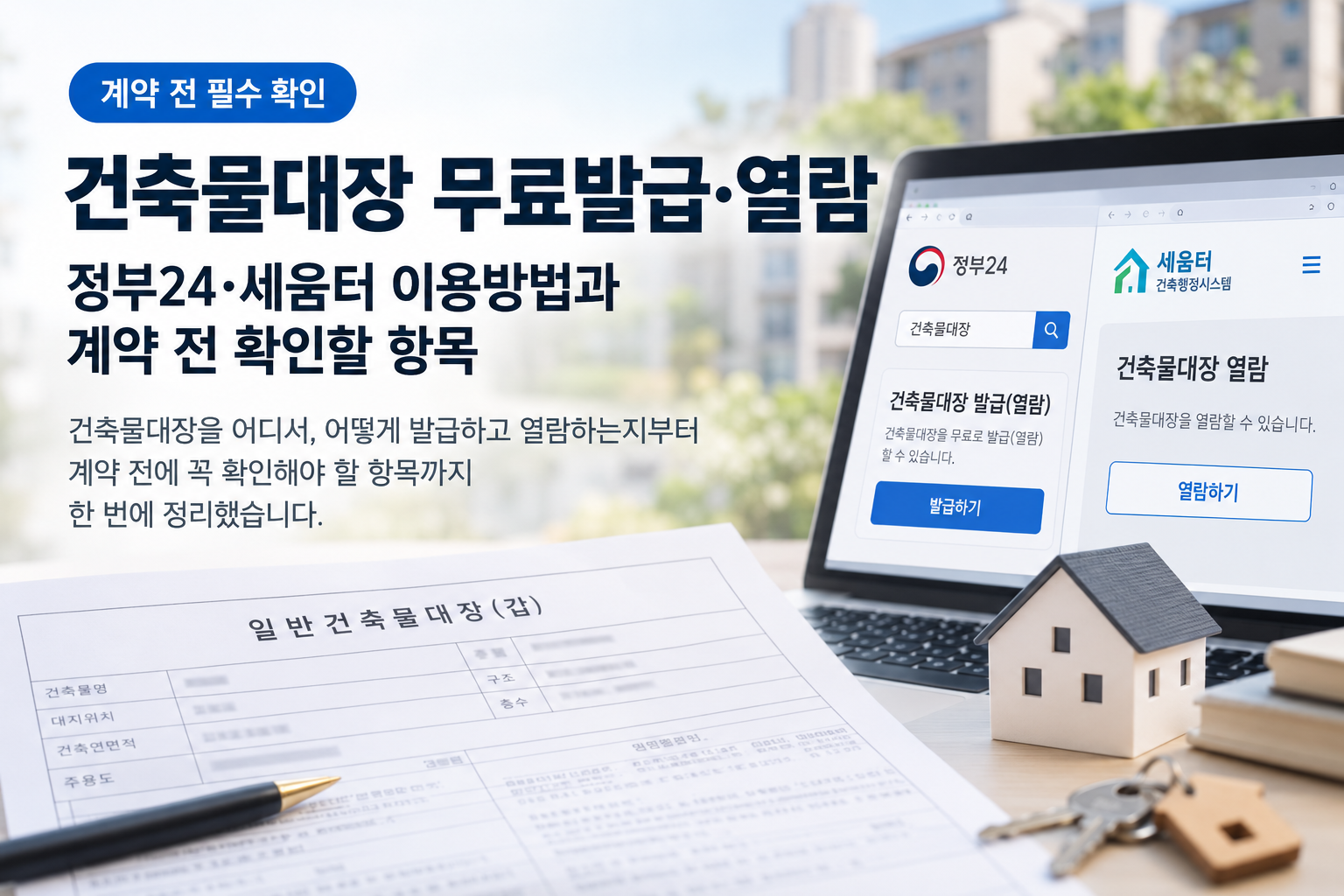 건축물대장 무료 발급·열람 안내 문구와 노트북, 서류 및 주택 모형 이미지