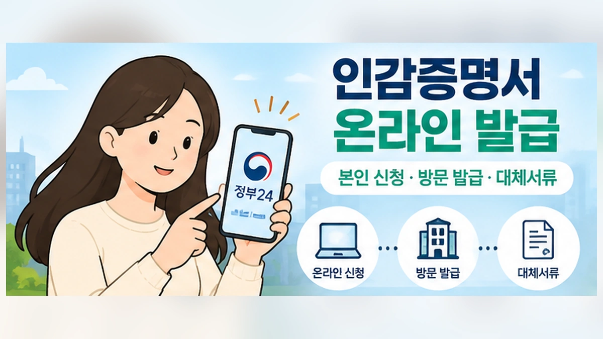 인감증명서 온라인 발급, 본인 신청과 방문 발급 및 대체서류 비교를 보여 주는 안내 일러스트