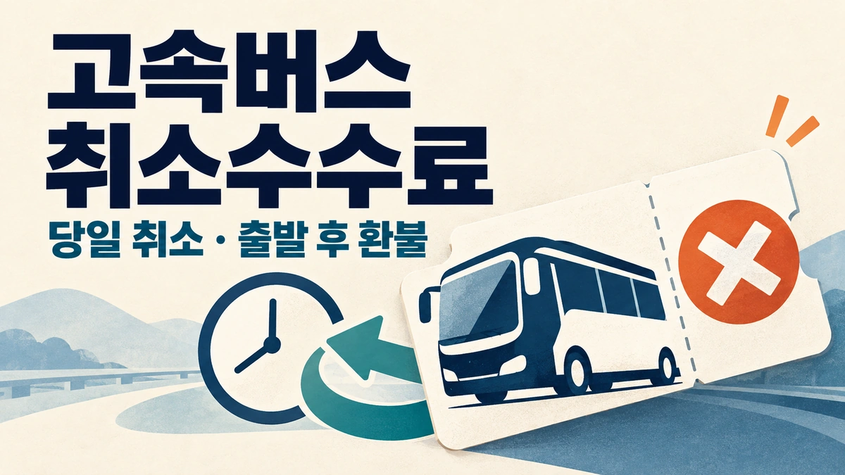 고속버스 승차권과 취소 표시, 시계와 환불 화살표로 표현한 고속버스 취소수수료 안내