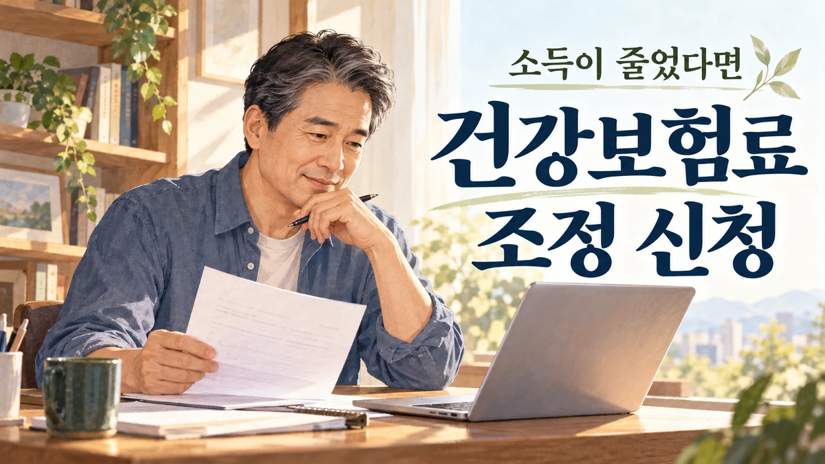 건강보험료 고지서와 노트북을 살펴보는 중년 남성과 건강보험료 조정 신청 안내 문구